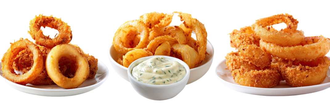 Three plates showcasing crispy onion rings with a dipping sauce; offering a delicious appetizer visual