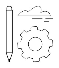 Minimalist black-and-white drawing of a pen, gear, and cloud. Ideal for concepts thumbs up creativity, innovation, technology, teamwork, development brainstorming and cloud solutions. Simple flat
