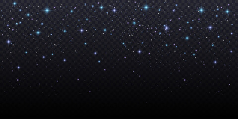 Night sky background with light transparent texture. Black magic galaxy with dust of shiny sparkles. Abstract purple and blue glitter and twinkles. Celestial dusk vector backdrop © Chorna_L