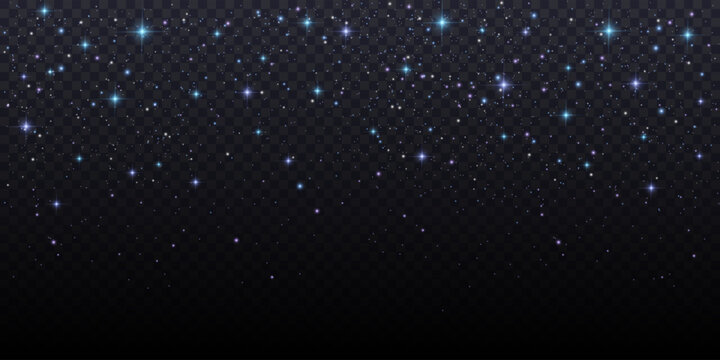 Night sky background with light transparent texture. Black magic galaxy with dust of shiny sparkles. Abstract purple and blue glitter and twinkles. Celestial dusk vector backdrop