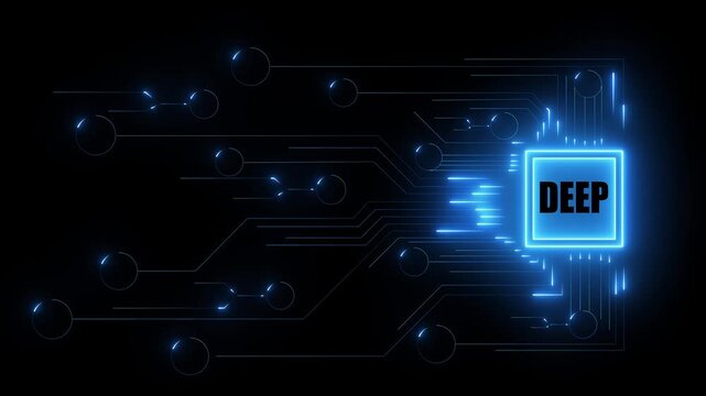 Deep learning artificial intelligence neural network visualization with glowing blue circuit lines, futuristic data connections and machine innovation 4K video
