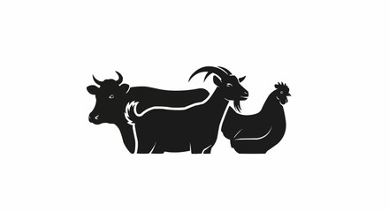 Black silhouettes of farm animals cow goat and chicken.
