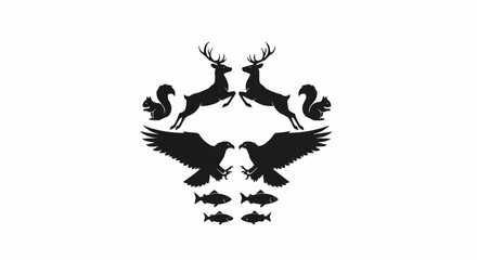 Symmetrical Black Silhouettes of Forest and River Animals.