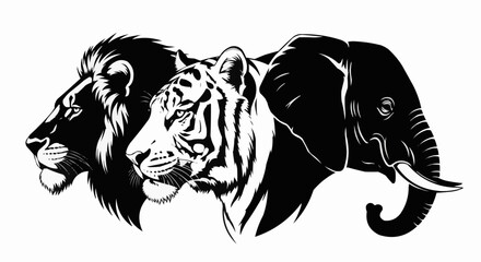 Powerful Trio of Wild Animals Lion Tiger Elephant Heads Black and White Illustration.