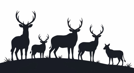 Majestic deer family silhouettes standing together on a natural hill.