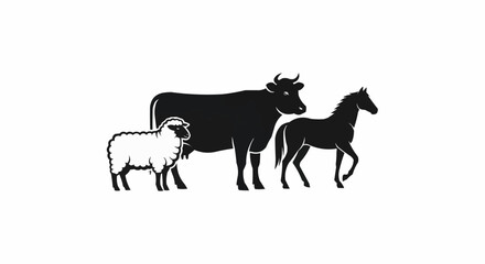 Farm animals silhouette cow sheep horse standing together.