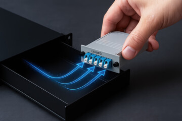Fiber optic technology module being inserted into device with glowing blue arrows representing data flow and connectivity
