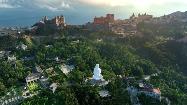 Aerial view of Ba Na Hills, cable car ride to see French Village, Debay Wine Cellar, Linh Phong Zen Monastery, Fantasy Park, Golden Bridge. Ba Na Hills is located in Da Nang, Vietnam.