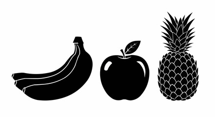 Black silhouettes of banana apple and pineapple fruits on white background.