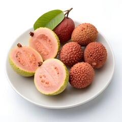 Guava and Lychee Fruits Arranged on White Plate – Tropical Minimal Style