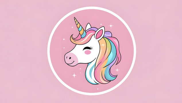 A cute unicorn with rainbow mane and horn on a pink background
