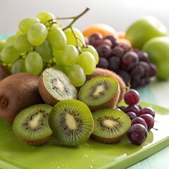 Fresh Kiwi and Green Grapes Mix on Bright Background