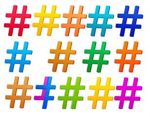 A vibrant collection of colorful hashtags in various hues arranged against a white background, symbolizing social media or trending topics