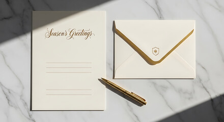 Minimalist holiday stationery set with gold embossed text Season’s Greetings on marble background, including envelope and pen, perfect for Christmas branding, cards, and design mockups