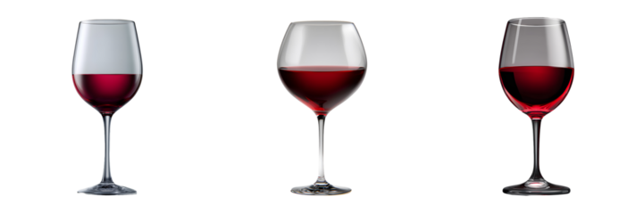 Set of red wine glasses with wine, isolated on transparent background