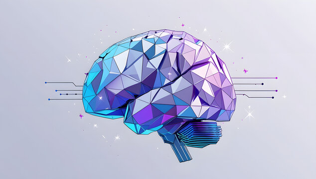 Polygonal brain with geometric shapes on a light background