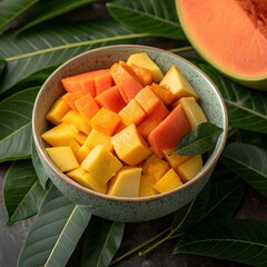 Tropical Papaya & Mango Cubes Served in White Bowl