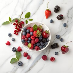 mixed Red & Blue berries on white marble background