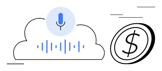 Blue microphone, audio waveform in a cloud, and a dollar coin. Ideal for voice technology, cloud computing, finance, digital service, innovation, sound monetization simple flat metaphor