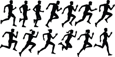 Silhouette running poses, male and female athletes, dynamic motion, sports biomechanics, black vector figures, cad drawing flat vector illustration