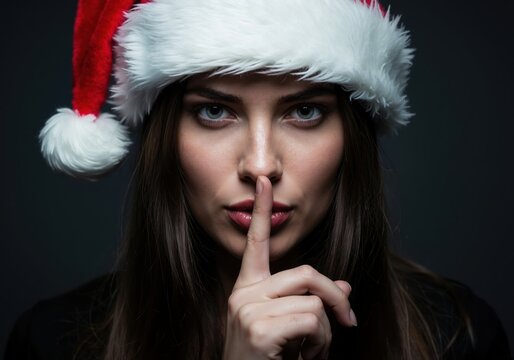 Woman in a Santa hat making a quiet gesture with a finger on her lips. Mysterious young female asking for silence for a Christmas secret. Holiday mystery concept on a dark background