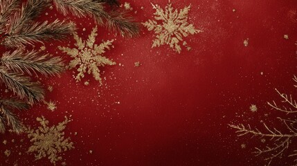 A festive red background adorned with gold snowflakes and green pine branches, creating a warm, holiday atmosphere.
