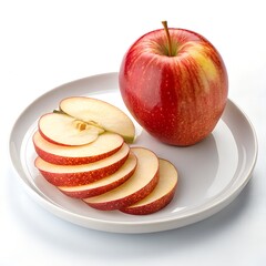 Fresh red apple and sliced pieces arranged neatly on white plate with clean background