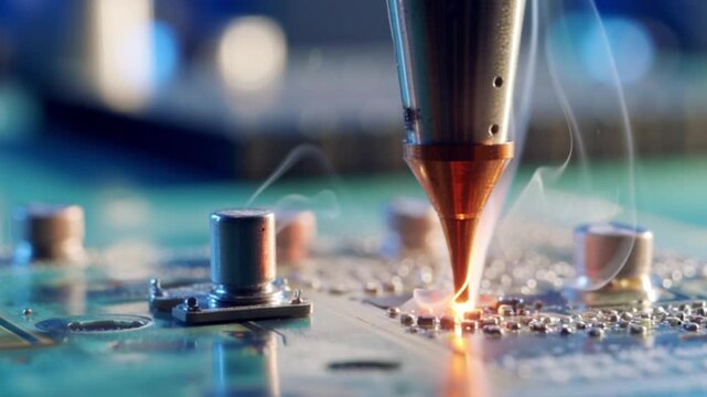 Macro close up soldering electronic circuit board process, high precision repair with hot solder iron, microchip component technology, industrial engineering maintenance, pcb assembly workshop electro