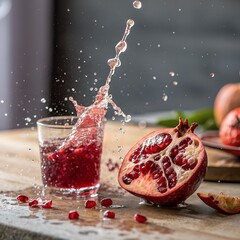 Dynamic splash of fresh pomegranate juice with fruit slice captured in frozen motion