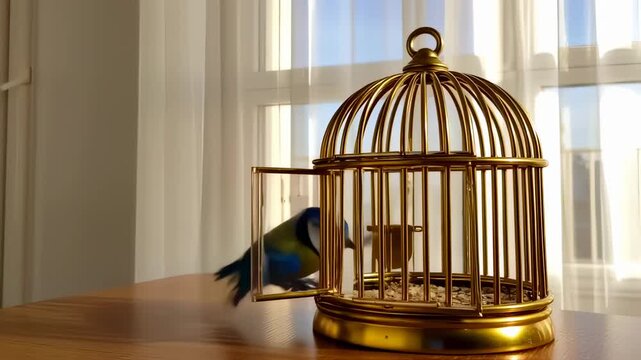 Gold birdcage with a small bird inside, near a window