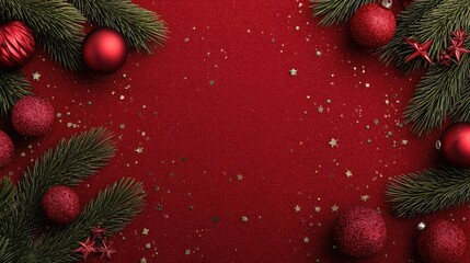 A festive arrangement featuring red Christmas ornaments and greenery on a glittering red background, perfect for holiday celebrations.