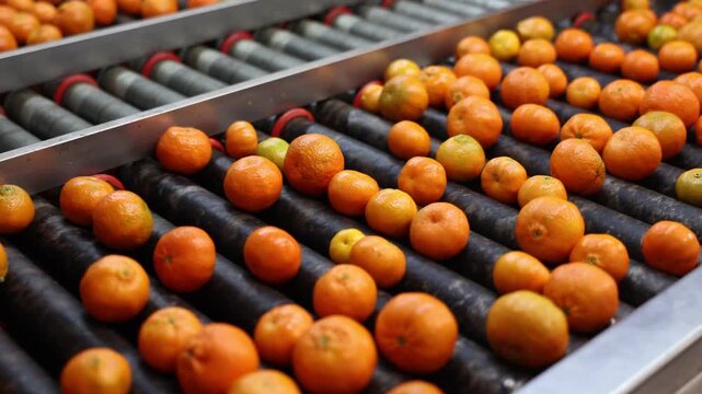 Closeup view of freshly picked ripe mandarins on industrial sorting line at packaging factory