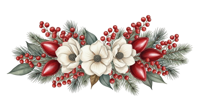 A festive christmas garland featuring pine branches, red berries, white magnolias, and red oval ornaments
