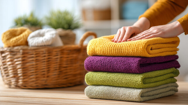 Woman’s hand neatly folding clean laundry in a bright sunlit laundry room symbolizing home organization freshness domestic care and everyday cleanliness with natural light and calm atmosphere
