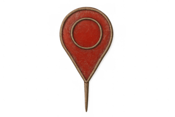 Red map pin or location marker icon with grunge texture, indicating a destination or gps navigation point, transparent background