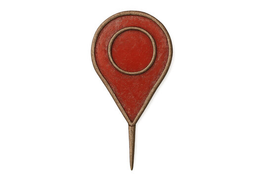 Red map pin or location marker icon with grunge texture, indicating a destination or gps navigation point, transparent background