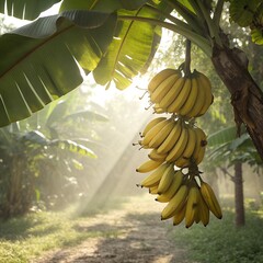 Tropical banana bunch hanging from banana tree in soft morning sunlight
