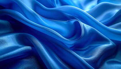 Close-up of flowing, rippled, vivid blue fabric creating curves