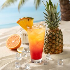 Refreshing tropical cocktail with pineapple and orange slice served on beach background