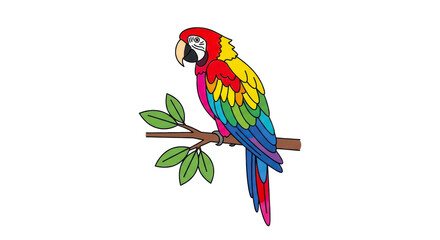Fototapeta premium Vibrant scarlet macaw parrot perched on a tree branch with green leaves isolated on white background