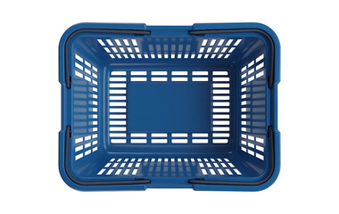 Empty blue plastic shopping basket viewed from above on a transparent background ready for groceries or retail items