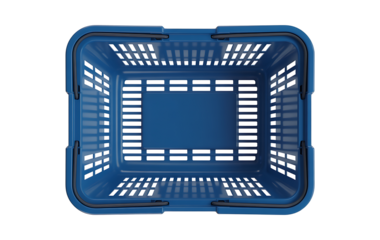 Empty blue plastic shopping basket viewed from above on a transparent background ready for groceries or retail items