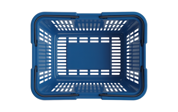 Empty blue plastic shopping basket viewed from above on a transparent background ready for groceries or retail items
