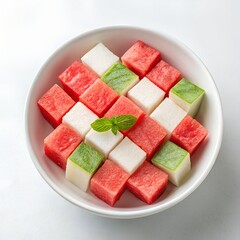 Minimal top view of watermelon cubes neatly arranged in white bowl