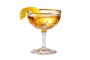 An elegant cocktail in a crystal glass with a golden rim and lemon twist garnish