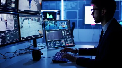 Security guard monitors multiple screens, displaying various video feeds and data - Powered by Adobe