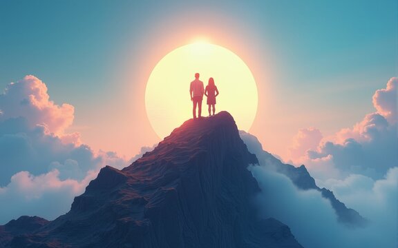 Reaching New Heights: Two figures, rendered in a captivating digital style, stand atop a mountain, symbolizing unity, collaboration, and shared vision. High quality