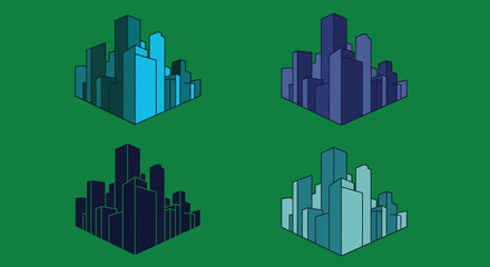 Isometric city skylines in cool colors perfect for modern design work