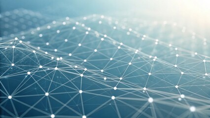 A digital representation of interconnected nodes and lines, resembling a network or web, set against a soft blue backdrop.