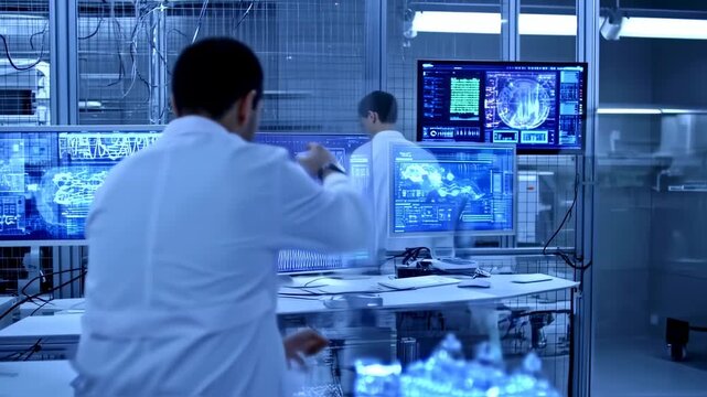 A scientist in a futuristic lab, surrounded by multiple computer monitors displaying complex data visualizations - Powered by Adobe